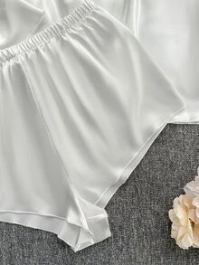 SilkySpell 4pcs Pajama Set: Embroidered V-Neck Satin Slip Dress And Camisole Top & Shorts And Bath Robe Bridal Lingerie Set, Fall Winter Clothes - White - View 6