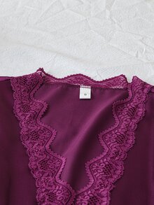 SilkySpell 4pcs Lace Patchwork Faux Silk Camisole Top , Shorts, Long Pants, Belted Robe Pajama Set, Fall Winter Clothes - Purple - View 5
