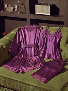 SilkySpell 4pcs Lace Patchwork Faux Silk Camisole Top , Shorts, Long Pants, Belted Robe Pajama Set, Fall Winter Clothes - Purple - View 2