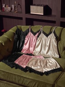 SilkySpell 3sets Lace Trim Cami Top & Shorts Pajama Set - Multicolor - View 2