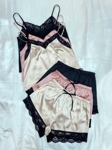 SilkySpell 3sets Lace Trim Cami Top & Shorts Pajama Set - Multicolor - View 5