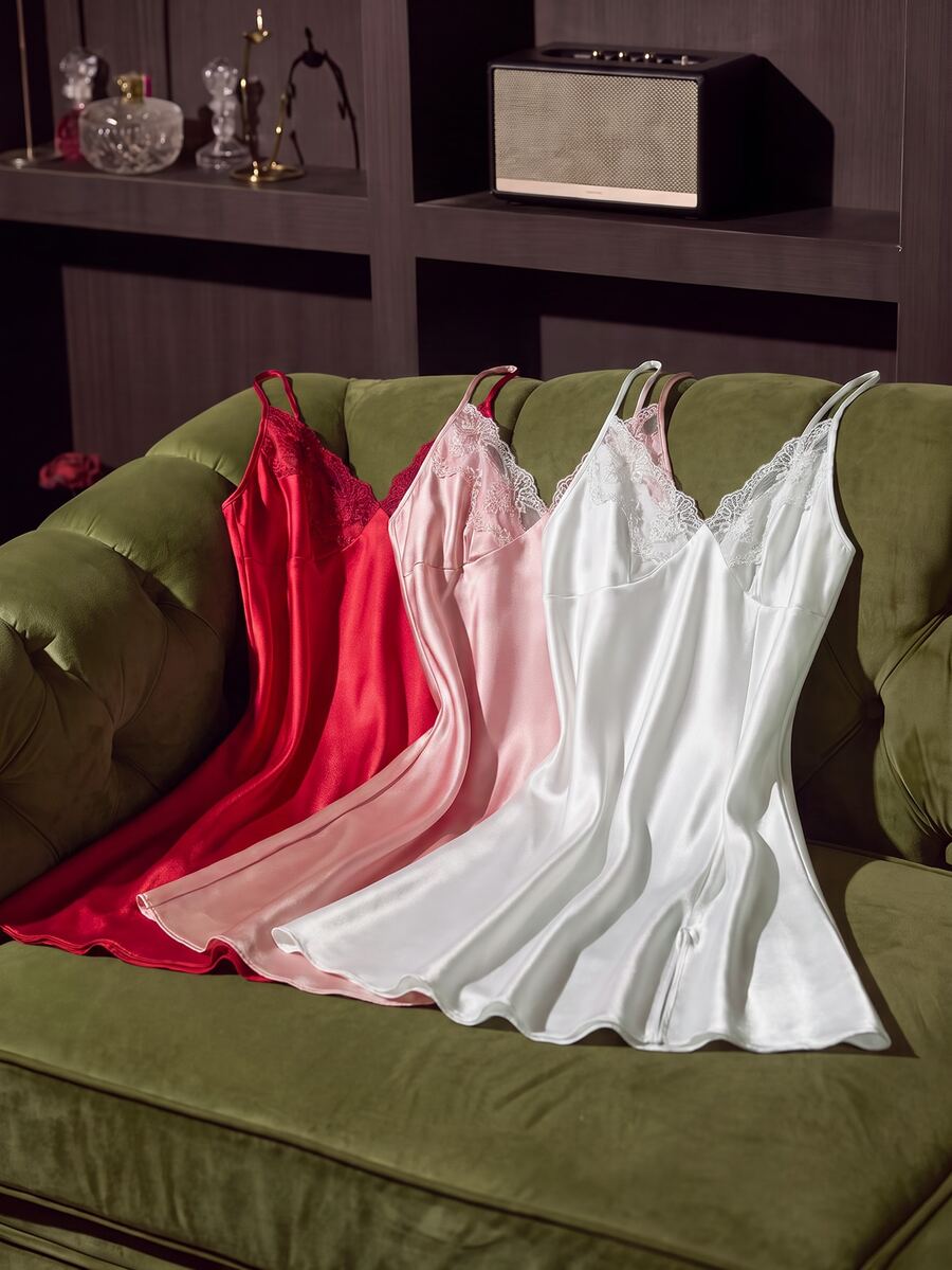 SilkySpell 3pcs/Set Women Embroidered Lace Trim Sexy Nightgown Babydoll Set Luxeloungewear - Multicolor - View 1