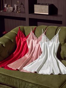 SilkySpell 3pcs/Set Women Embroidered Lace Trim Sexy Nightgown Babydoll Set Luxeloungewear - Multicolor - View 2
