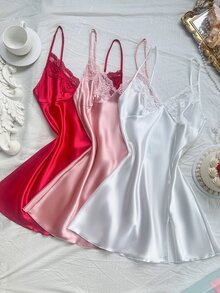 SilkySpell 3pcs/Set Women Embroidered Lace Trim Sexy Nightgown Babydoll Set Luxeloungewear - Multicolor - View 3