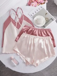 SilkySpell 2 Conjuntos de Pijama con Top Tipo Camiseta y Pantalón Corto de unicolor Tipo Seda con Diseño de Espalda Abierta Grande - Multicolor - Ver 5