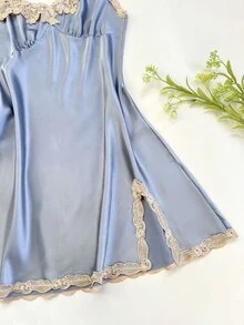 SilkySpell 5件套撞色滚边装饰仿丝吊带背心、短裤、长裤、系带睡袍和睡裙，秋冬服装 - 霧霾藍 - 查看 4