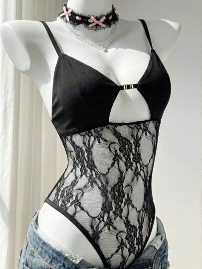 Elamini Women's Summer Black Floral Lace Bodysuit With Metal Decor Cut-Out Straps Sheer Backless Sexy Vacation Beach Club Going Out Party Shopping Date
