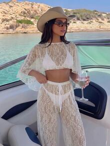 Bonvoyette Spring/Summer Vacation Lace Sheer Cropped Top And Drawstring Waist Pants 2 Pieces Set Beach White Sexy - White - View 3