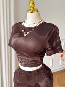 Comfortcana Floral Print T-Shirt & Skirt Casual Plus Size 2-Piece Set - Brown - View 3