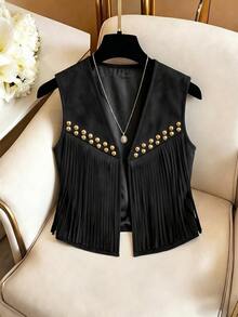 Yalmera Women's Suede Fringe Rivet Decor Boho Casual Jacket, Versatile For Daily, Vacation, Business, Beige, Sleeveless, Early Spring/Spring & Summer - Black - View 6