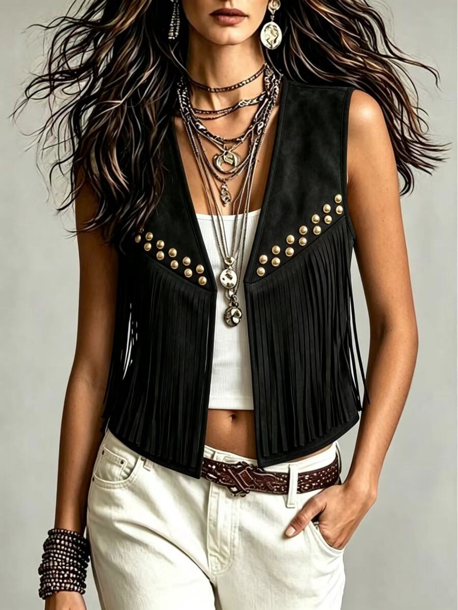 Yalmera Women's Suede Fringe Rivet Decor Boho Casual Jacket, Versatile For Daily, Vacation, Business, Beige, Sleeveless, Early Spring/Spring & Summer - Black - View 1