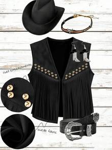 Yalmera Women's Suede Fringe Rivet Decor Boho Casual Jacket, Versatile For Daily, Vacation, Business, Beige, Sleeveless, Early Spring/Spring & Summer - Black - View 8