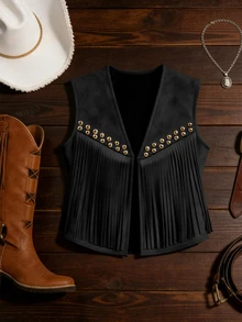 Yalmera Women's Suede Fringe Rivet Decor Boho Casual Jacket, Versatile For Daily, Vacation, Business, Beige, Sleeveless, Early Spring/Spring & Summer - Black - View 7