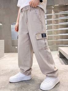SHEIN 大童男孩時尚休閒復古 Y2K 基礎簡約混搭寬鬆舒適直筒牛仔褲，兒童男童軟綿日常穿著春夏衣著 - 卡其色 - 查看 5