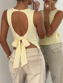 Aloruh Women's Elegant Sexy Round Neck Casual Backless Textured Cropped Solid Color Top,Summer Top Party Night Night Out Pale Yellow - Light Yellow - View 2