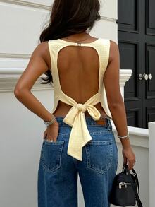 Aloruh Women's Elegant Sexy Round Neck Casual Backless Textured Cropped Solid Color Top,Summer Top Party Night Night Out Pale Yellow - Light Yellow - View 4