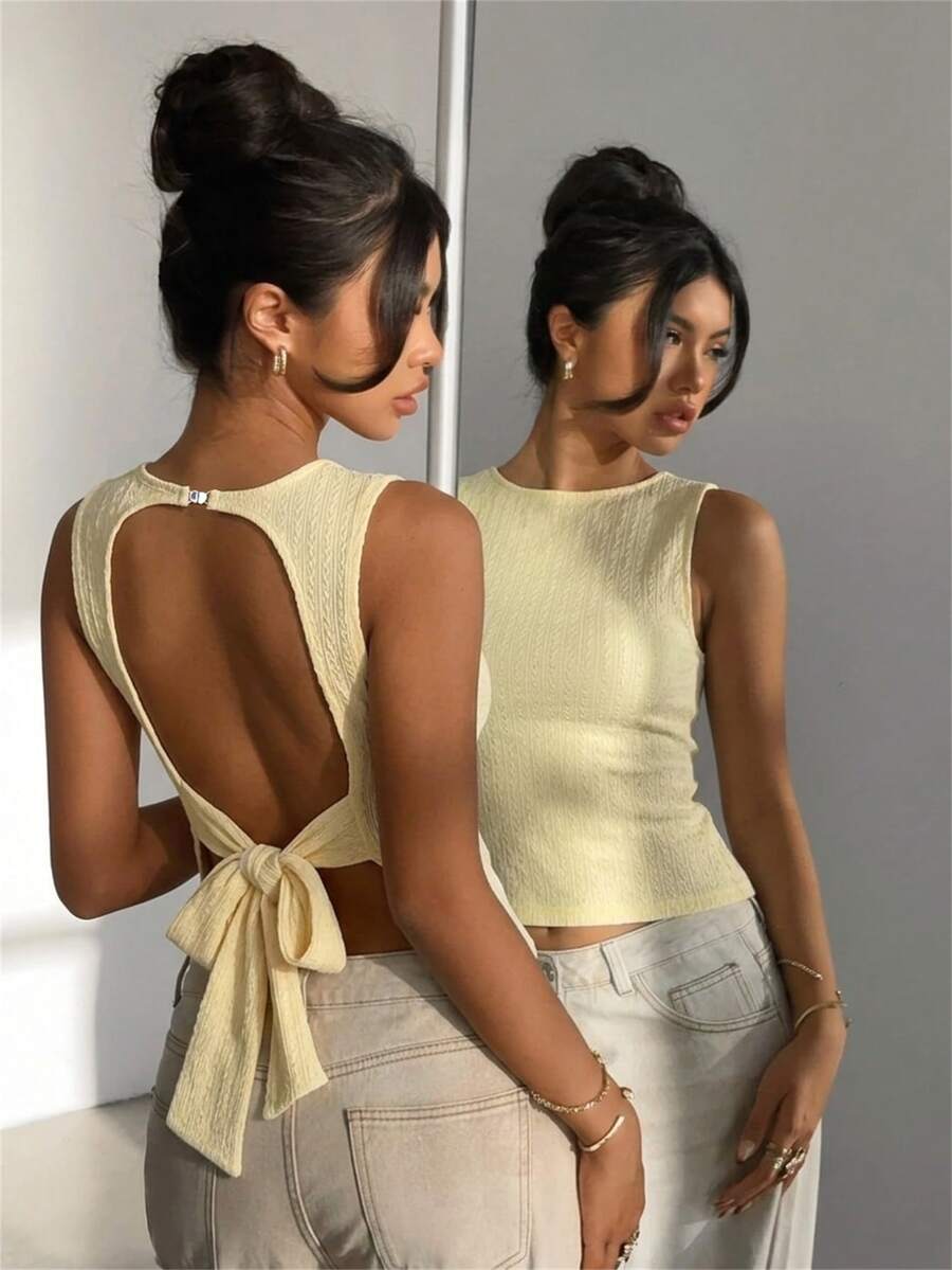 Aloruh Women's Elegant Sexy Round Neck Casual Backless Textured Cropped Solid Color Top,Summer Top Party Night Night Out Pale Yellow - Light Yellow - View 1