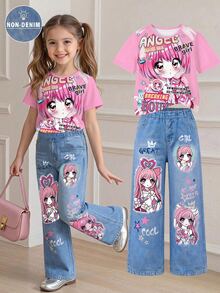 SHEIN 女童 T-shirt 套裝，粉色短袖圓領 T-shirt 配可愛卡通動漫印花上衣與丹寧效果印花直筒長褲，返校穿搭 - 粉色 - 查看 2