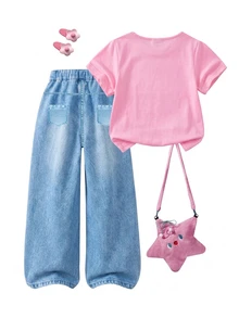 SHEIN 女童 T-shirt 套裝，粉色短袖圓領 T-shirt 配可愛卡通動漫印花上衣與丹寧效果印花直筒長褲，返校穿搭 - 粉色 - 查看 3