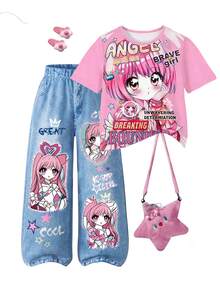 SHEIN 女童 T-shirt 套裝，粉色短袖圓領 T-shirt 配可愛卡通動漫印花上衣與丹寧效果印花直筒長褲，返校穿搭 - 粉色 - 查看 4