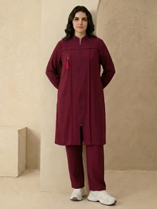 Modelyn Elegant Solid Color Zipper Long Sleeve Outerwear Autumn/Winter Women's Arabic Clothing Set Fall - Burgundy - View 5