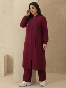 Modelyn Elegant Solid Color Zipper Long Sleeve Outerwear Autumn/Winter Women's Arabic Clothing Set Fall - Burgundy - View 7