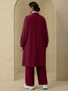 Modelyn Elegant Solid Color Zipper Long Sleeve Outerwear Autumn/Winter Women's Arabic Clothing Set Fall - Burgundy - View 2