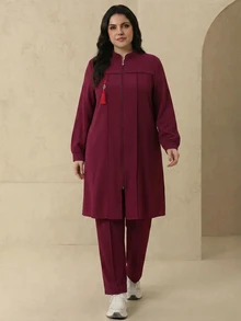 Modelyn Elegant Solid Color Zipper Long Sleeve Outerwear Autumn/Winter Women's Arabic Clothing Set Fall - Burgundy - View 4