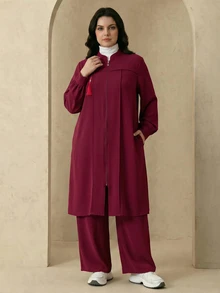 Modelyn Elegant Solid Color Zipper Long Sleeve Outerwear Autumn/Winter Women's Arabic Clothing Set Fall - Burgundy - View 3
