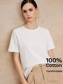 Anewsta Essential Anewsta Women's Casual All-Match Solid Color Short Sleeve T-Shirt, Minimalist Versatile Top - White - View 7