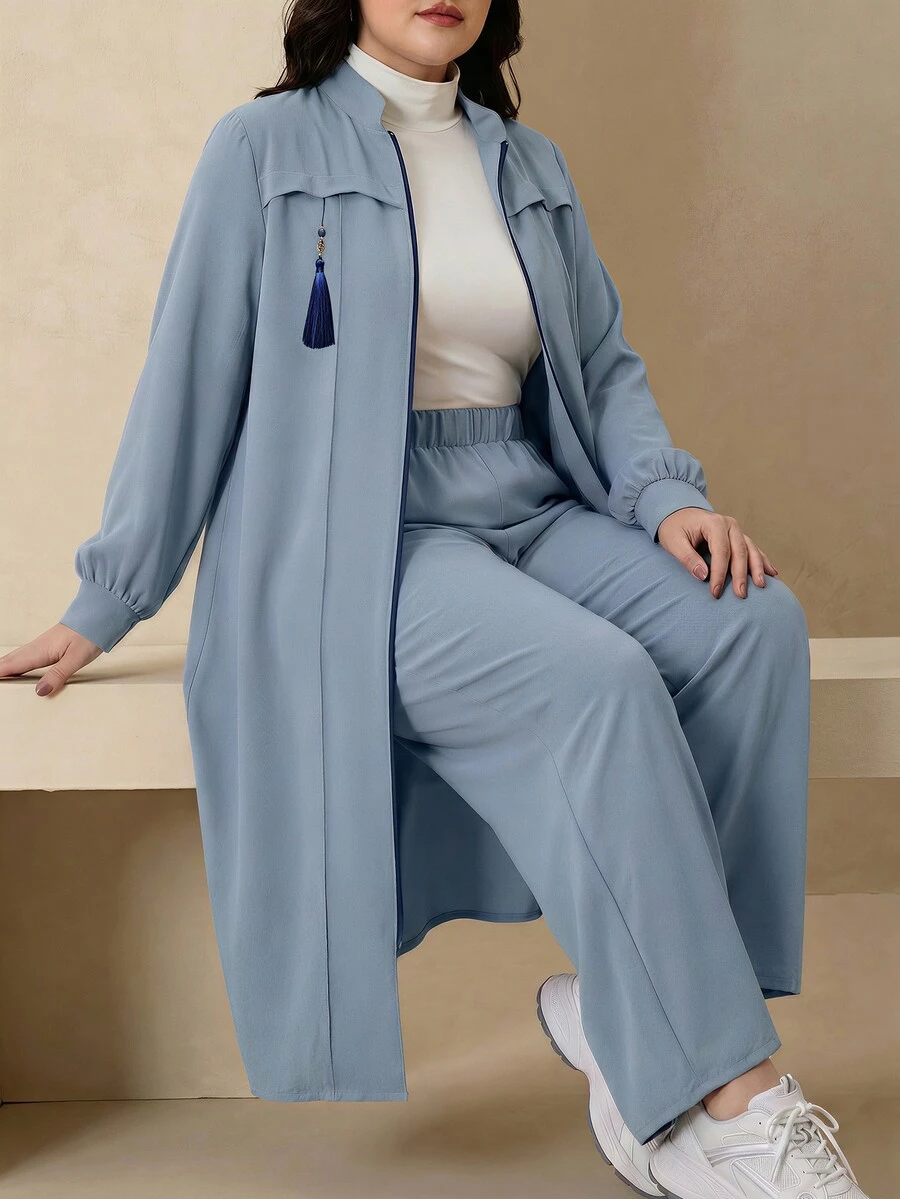 Modelyn Elegant Solid Color Zipper Long Sleeve Women's Arabic Outfit Set For Autumn/Winter - Dusty Blue - View 1