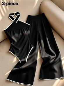 GlowEve White Criss-Cross Halter Jumpsuit + Mid-Waist Straight Leg Pants 2 Pieces Set For Women - Black - View 2