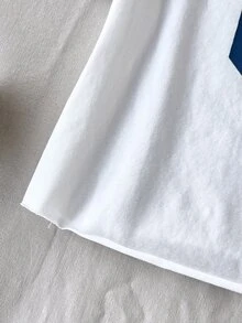 SHEIN Tween Girl Casual Street Fashion Retro College Digital Print One Shoulder Asymmetrical Shoulder Loose Fit Personalized Raglan Sleeve Short Knit Comfortable Pure Cotton Solid Color T-Shirt Tween Girl - White - View 5