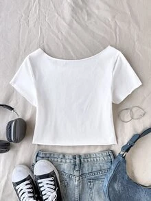 SHEIN Tween Girl Casual Street Fashion Retro College Digital Print One Shoulder Asymmetrical Shoulder Loose Fit Personalized Raglan Sleeve Short Knit Comfortable Pure Cotton Solid Color T-Shirt Tween Girl - White - View 2