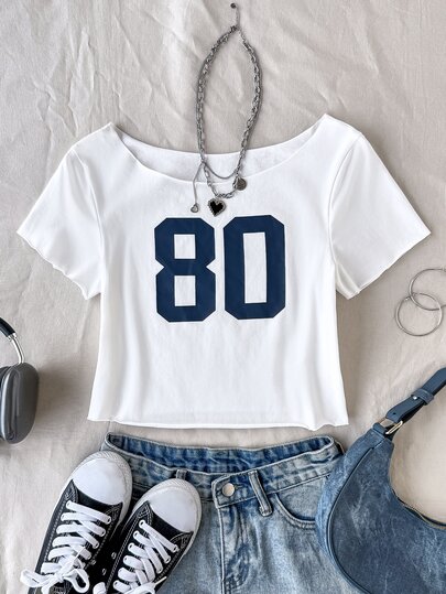 SHEIN Tween Girl Casual Street Fashion Retro College Digital Print One Shoulder Asymmetrical Shoulder Loose Fit Personalized Raglan Sleeve Short Knit Comfortable Pure Cotton Solid Color T-Shirt Tween Girl