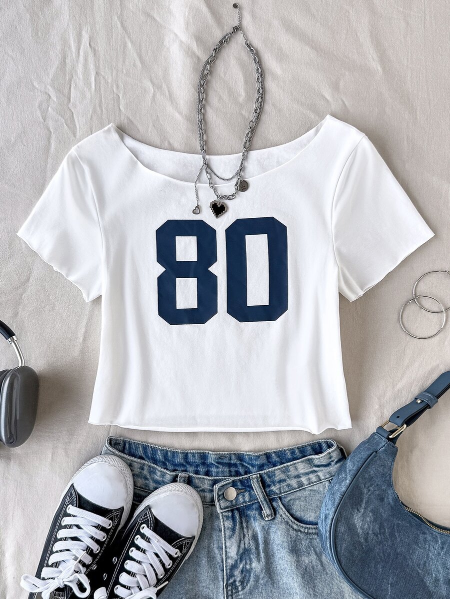 SHEIN Tween Girl Casual Street Fashion Retro College Digital Print One Shoulder Asymmetrical Shoulder Loose Fit Personalized Raglan Sleeve Short Knit Comfortable Pure Cotton Solid Color T-Shirt Tween Girl - White - View 1