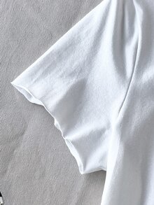 SHEIN Tween Girl Casual Street Fashion Retro College Digital Print One Shoulder Asymmetrical Shoulder Loose Fit Personalized Raglan Sleeve Short Knit Comfortable Pure Cotton Solid Color T-Shirt Tween Girl - White - View 3