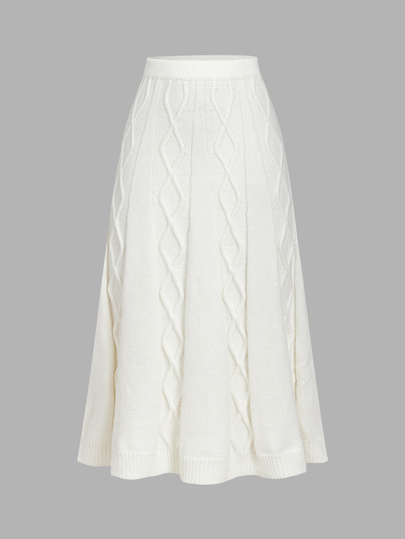 SHEIN MOD Beige High Waist Cable Knit Versatile Long Skirt, Autumn/Winter,Fall