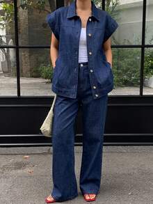 Livesso Women's Single-Breasted Top And Long Pants Casual Daily Denim Set - Dark Wash - View 4