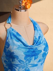 SHEIN ICON Plus Size Women's Floral Print Draped Neck Tank Top With Ruffle Neckline - Blue - View 5
