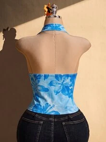 SHEIN ICON Plus Size Women's Floral Print Draped Neck Tank Top With Ruffle Neckline - Blue - View 11