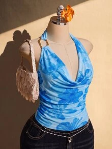 SHEIN ICON Plus Size Women's Floral Print Draped Neck Tank Top With Ruffle Neckline - Blue - View 10