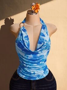 SHEIN ICON Plus Size Women's Floral Print Draped Neck Tank Top With Ruffle Neckline - Blue - View 3