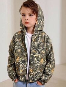 SHEIN Kids Young Boys Clothes Casual Sports Street Green Camouflage Branch Pattern Printed Hooded Autumn Jacket Back To School Clothe Boys School Clothes - Multicolor - View 4