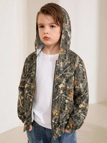 SHEIN Kids Young Boys Clothes Casual Sports Street Green Camouflage Branch Pattern Printed Hooded Autumn Jacket Back To School Clothe Boys School Clothes - Multicolor - View 8
