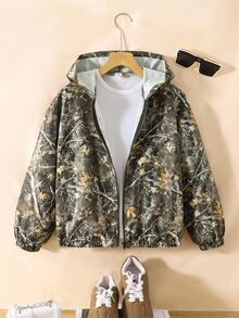 SHEIN Kids Young Boys Clothes Casual Sports Street Green Camouflage Branch Pattern Printed Hooded Autumn Jacket Back To School Clothe Boys School Clothes - Multicolor - View 2