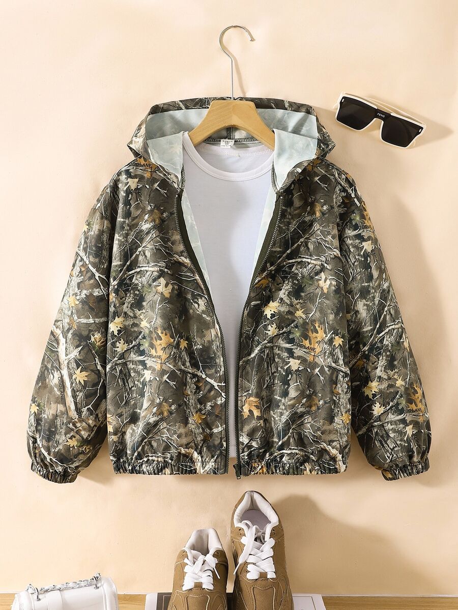 SHEIN Kids Young Boys Clothes Casual Sports Street Green Camouflage Branch Pattern Printed Hooded Autumn Jacket Back To School Clothe Boys School Clothes