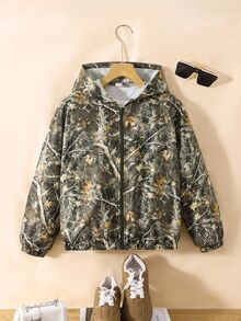 SHEIN Kids Young Boys Clothes Casual Sports Street Green Camouflage Branch Pattern Printed Hooded Autumn Jacket Back To School Clothe Boys School Clothes - Multicolor - View 5