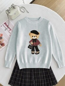 1件青少年女孩可愛熊圖案印花毛衣，淺藍色長袖寬鬆針織套頭衫，秋季假期返校簡約女學生風 - 淺灰色 - 查看 1