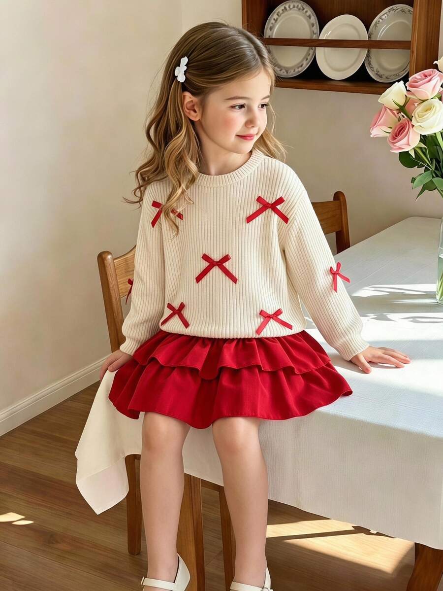 SHEIN Playful Pals 2 件套女童针织圆领长袖运动衫，带蝴蝶装饰和迷你蛋糕裙，适合外出，涤纶制成，可机洗，适合返校季、圣诞节、万圣节、家庭聚会 - 彩色 - 查看 1
